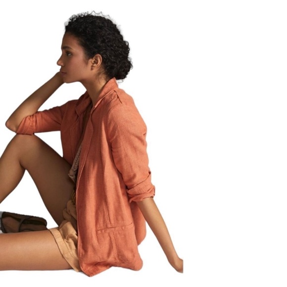 Anthropologie Vintage Washed Linen Blazer Terra Cotta Orange Split Back - Picture 3 of 11